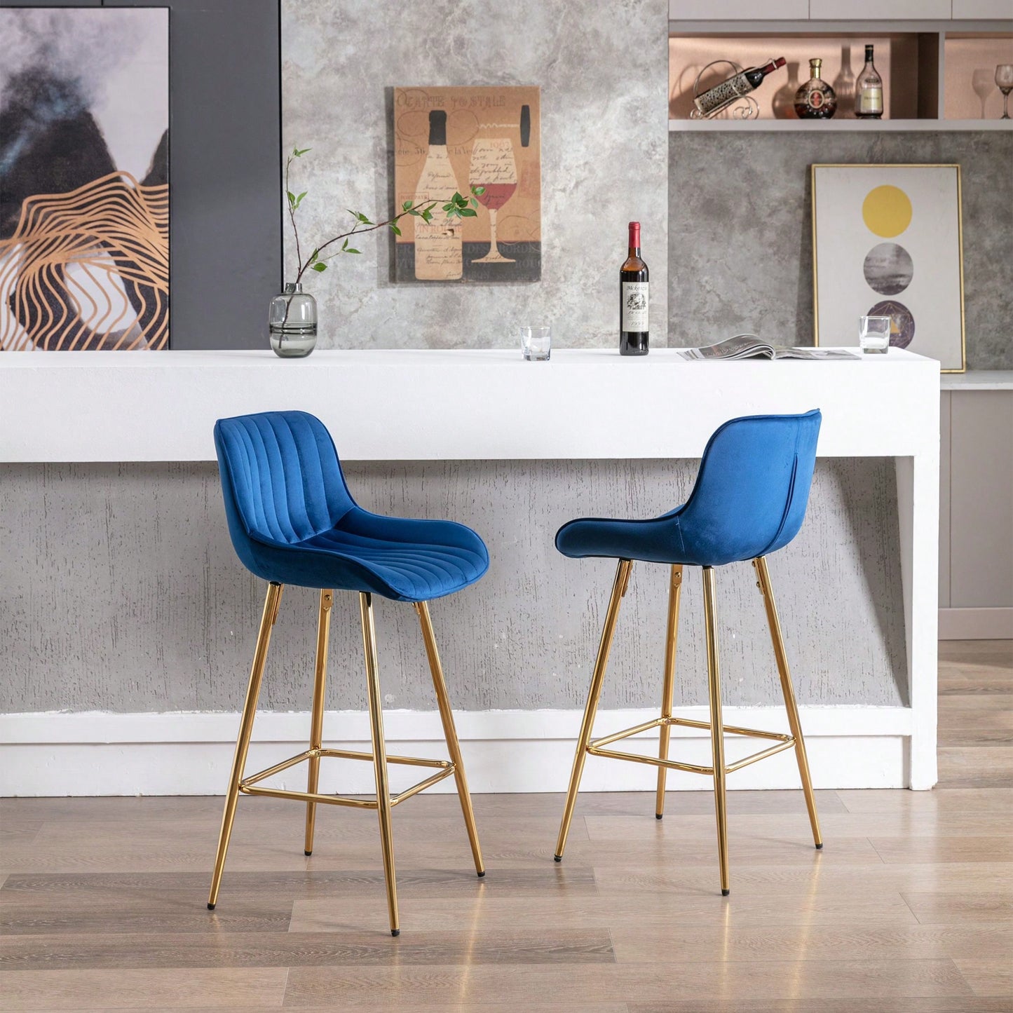Set Of 2, 26" Bar Stools,With Steel Frame Footrest Velvet Fabric Golden Leg Simple Bar Stool