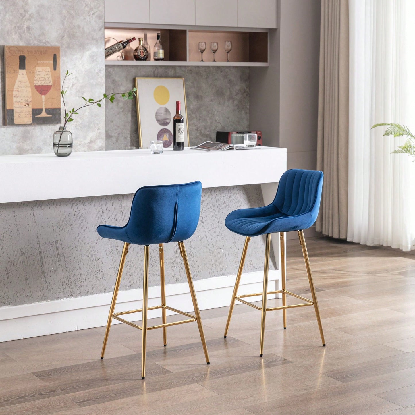 Set Of 2, 26" Bar Stools,With Steel Frame Footrest Velvet Fabric Golden Leg Simple Bar Stool