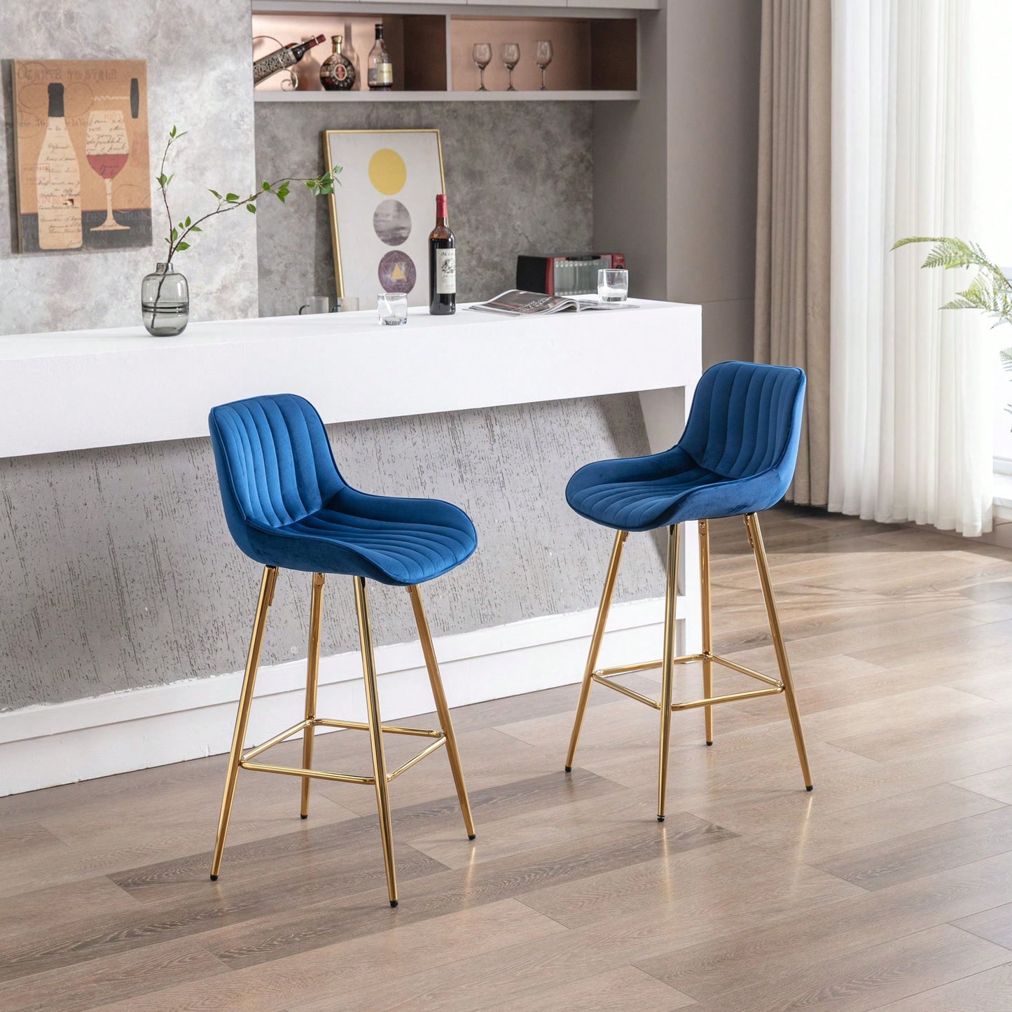 Set Of 2, 26" Bar Stools,With Steel Frame Footrest Velvet Fabric Golden Leg Simple Bar Stool