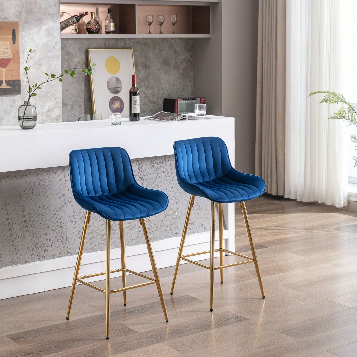 Set Of 2, 26" Bar Stools,With Steel Frame Footrest Velvet Fabric Golden Leg Simple Bar Stool