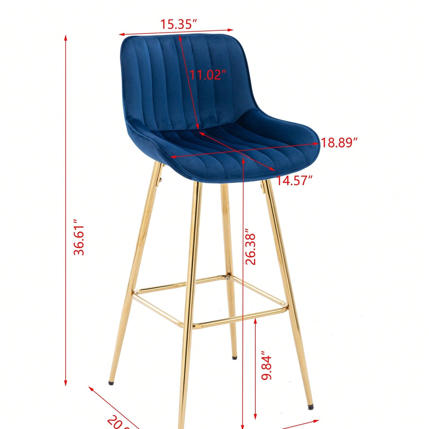 Set Of 2, 26" Bar Stools,With Steel Frame Footrest Velvet Fabric Golden Leg Simple Bar Stool