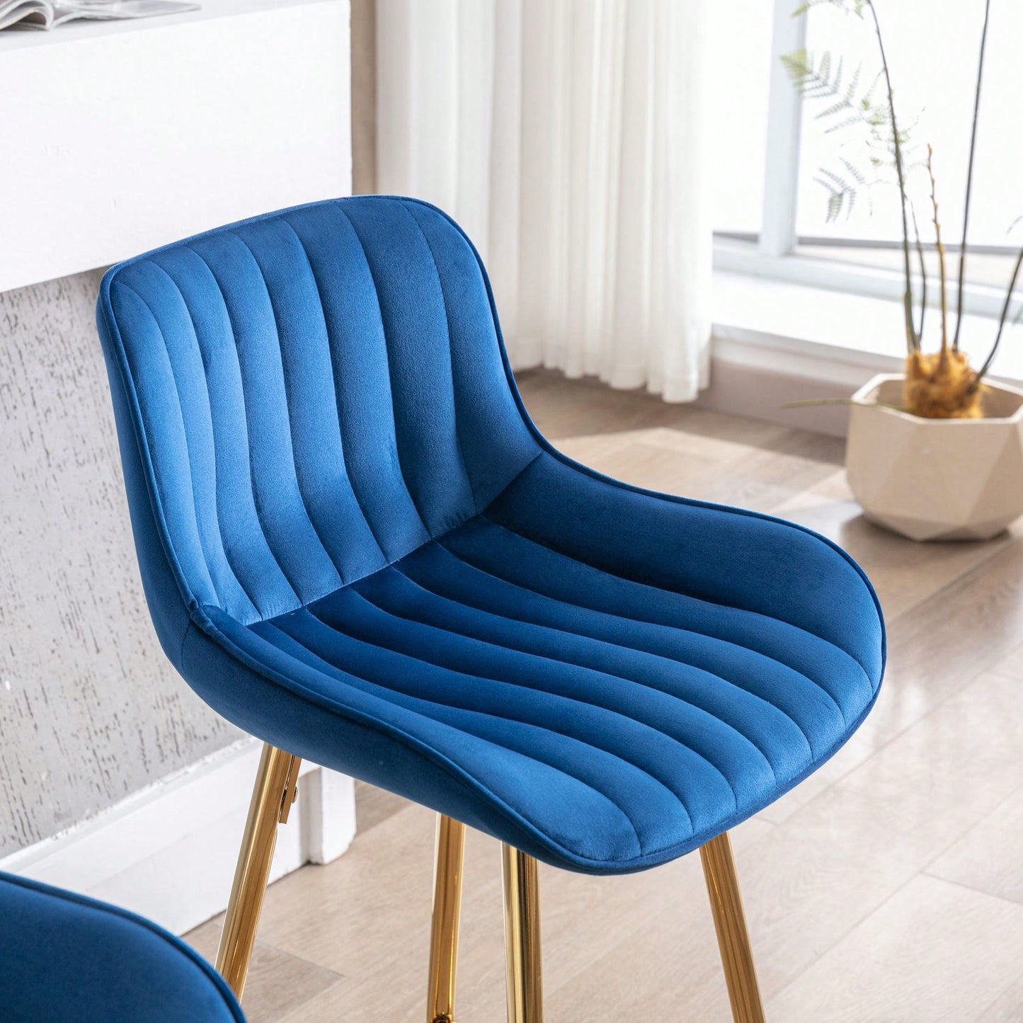 Set Of 2, 26" Bar Stools,With Steel Frame Footrest Velvet Fabric Golden Leg Simple Bar Stool