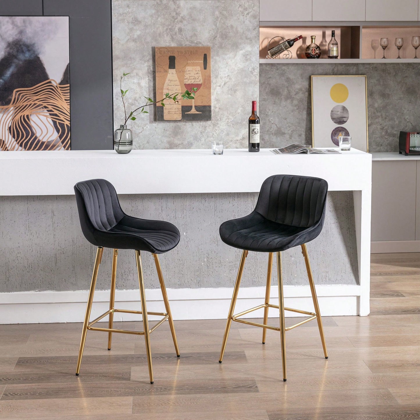 Set Of 2, 26" Bar Stools,With Steel Frame Footrest Velvet Fabric Golden Leg Simple Bar Stool