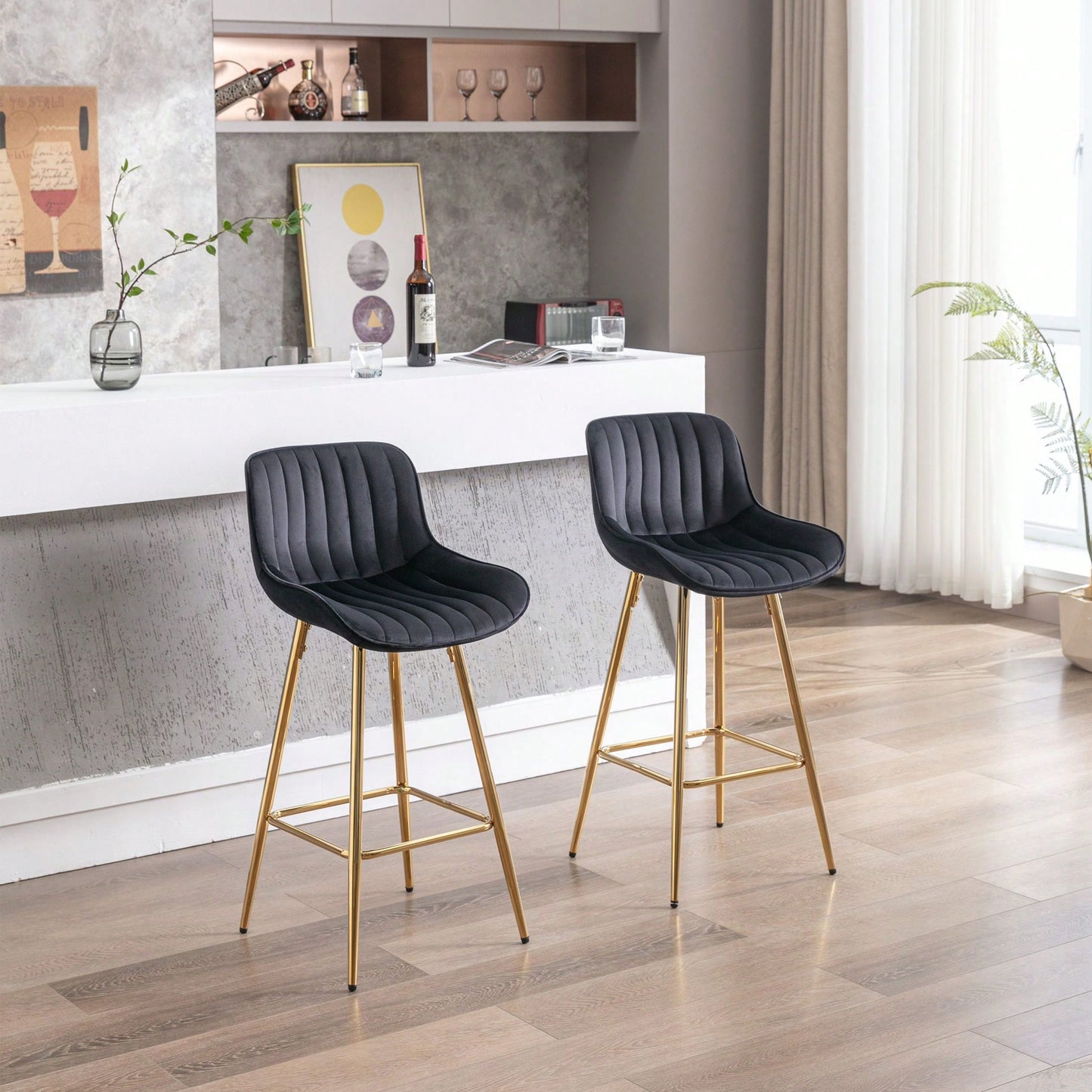 Set Of 2, 26" Bar Stools,With Steel Frame Footrest Velvet Fabric Golden Leg Simple Bar Stool