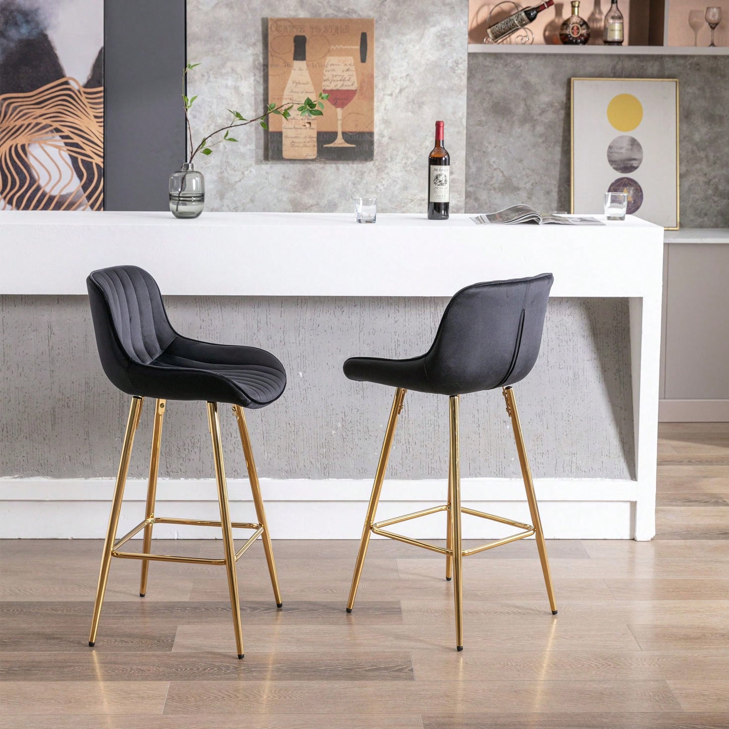 Set Of 2, 26" Bar Stools,With Steel Frame Footrest Velvet Fabric Golden Leg Simple Bar Stool