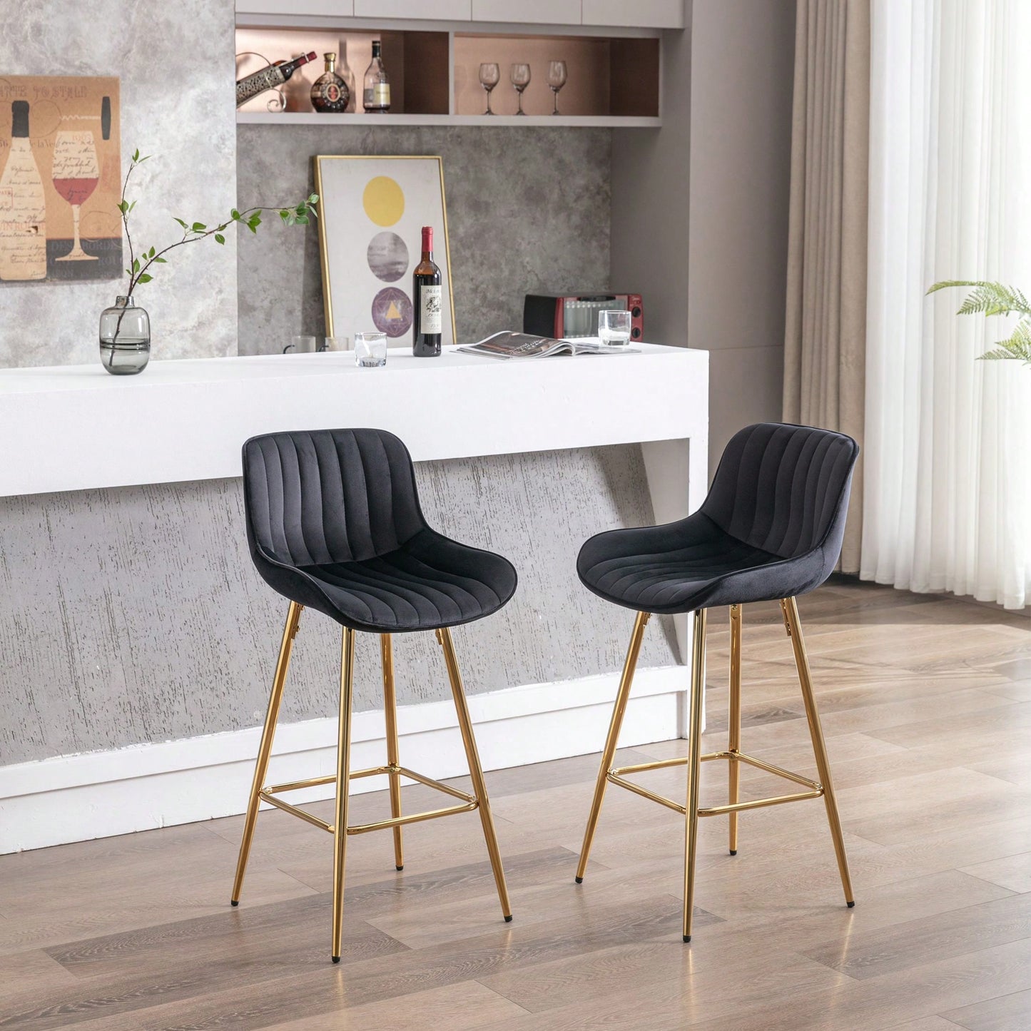Set Of 2, 26" Bar Stools,With Steel Frame Footrest Velvet Fabric Golden Leg Simple Bar Stool