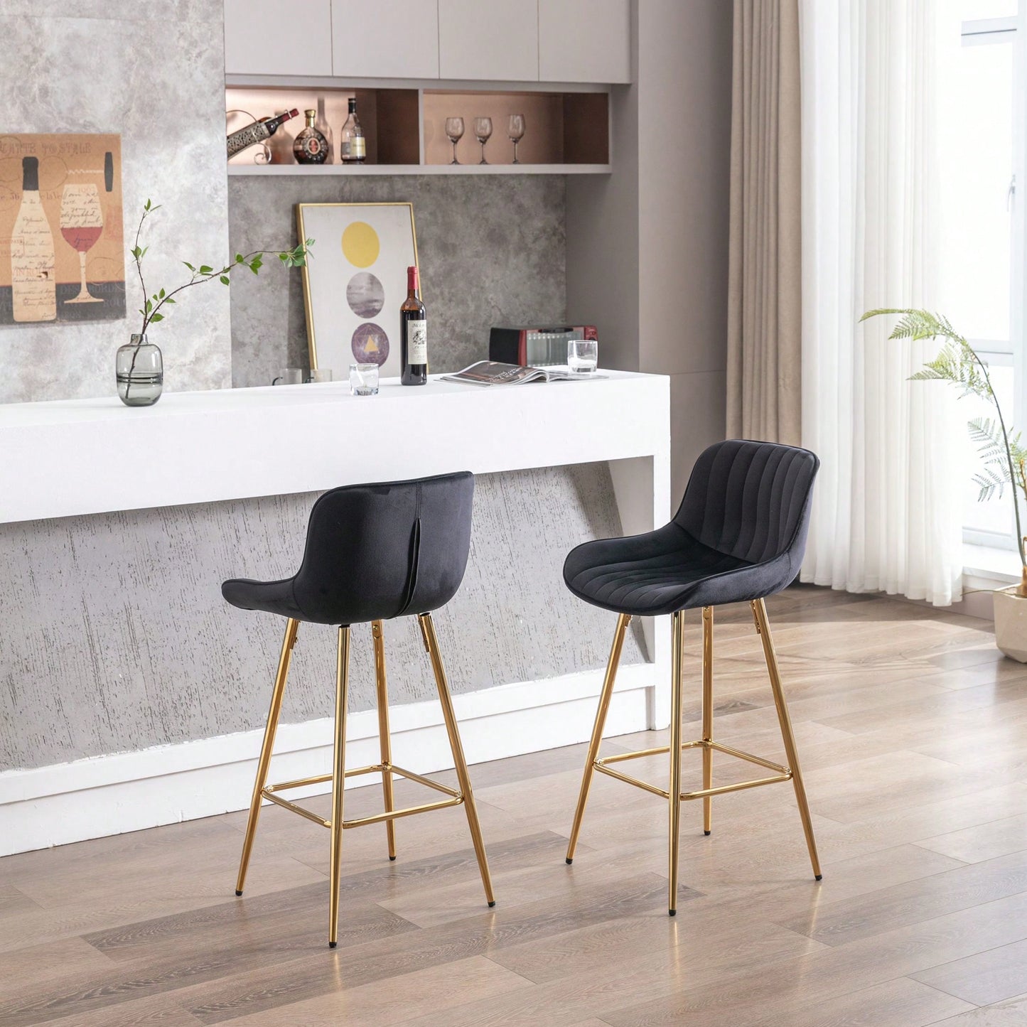 Set Of 2, 26" Bar Stools,With Steel Frame Footrest Velvet Fabric Golden Leg Simple Bar Stool