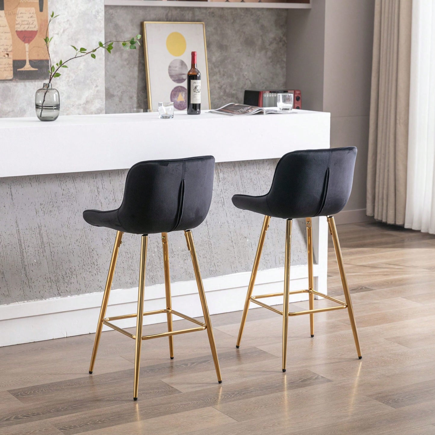Set Of 2, 26" Bar Stools,With Steel Frame Footrest Velvet Fabric Golden Leg Simple Bar Stool
