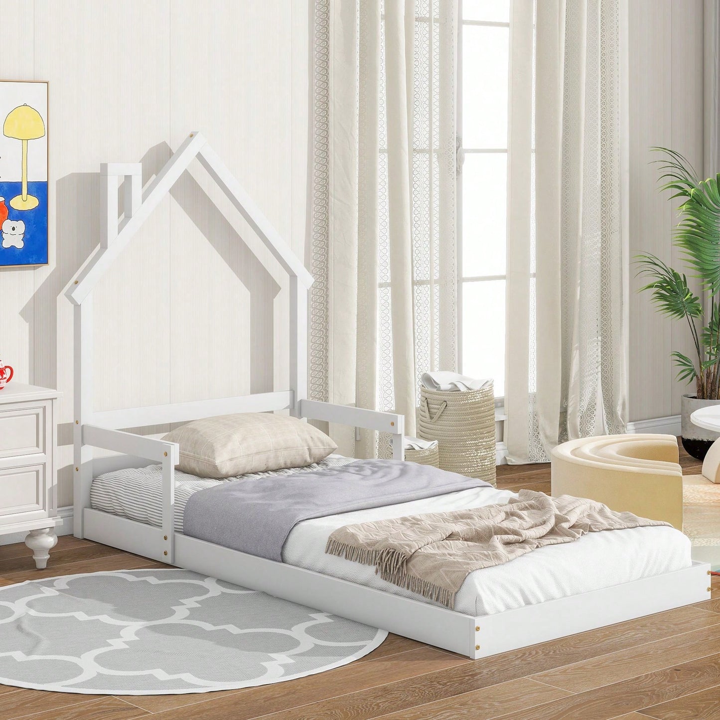 Twin Size House-Shaped Headboard Floor Bed With Handrails ,Slats