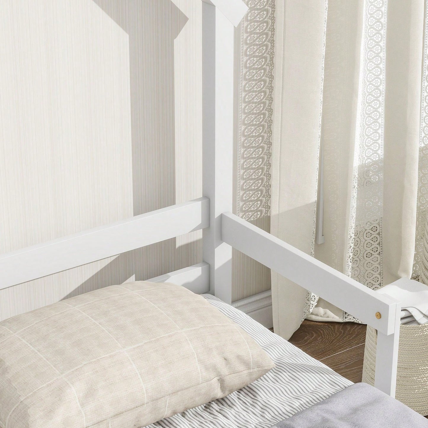 Twin Size House-Shaped Headboard Floor Bed With Handrails ,Slats