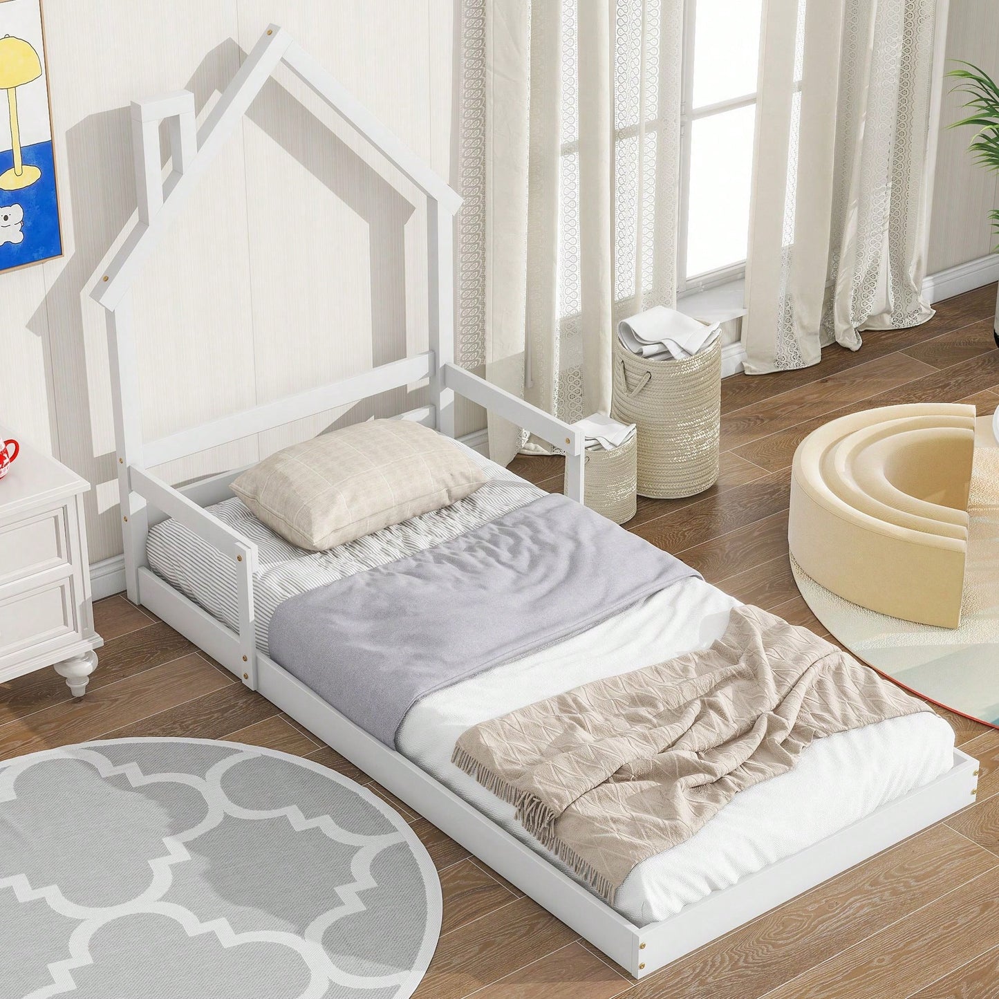 Twin Size House-Shaped Headboard Floor Bed With Handrails ,Slats