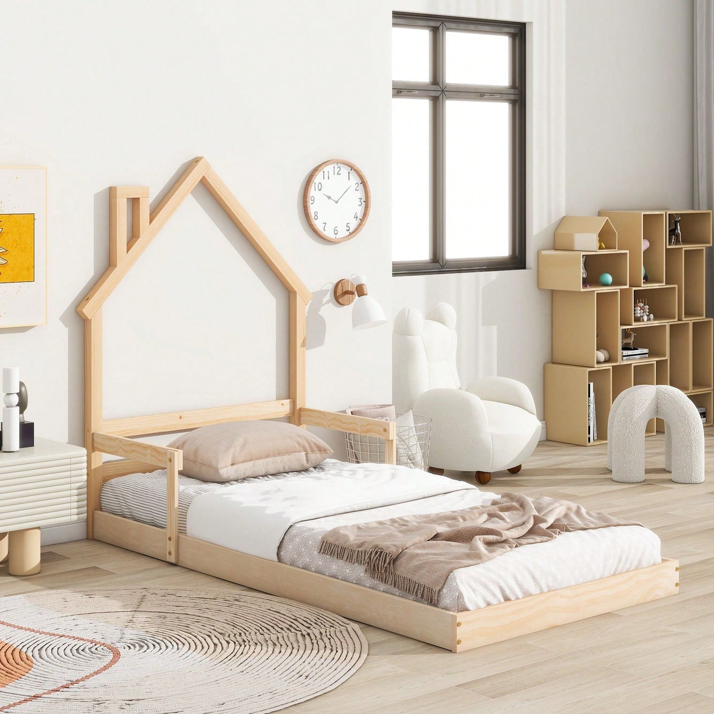 Twin Size House-Shaped Headboard Floor Bed With Handrails ,Slats