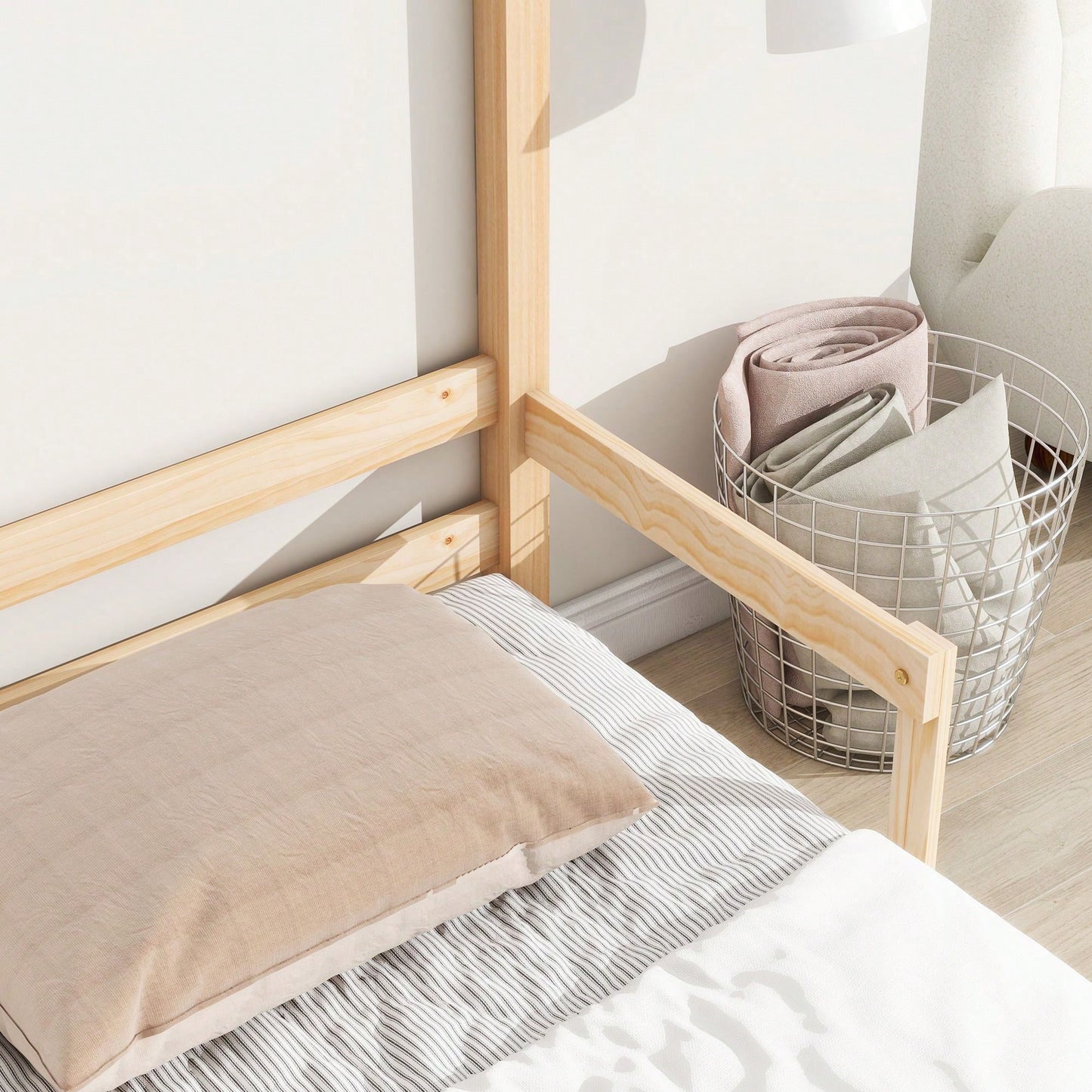 Twin Size House-Shaped Headboard Floor Bed With Handrails ,Slats