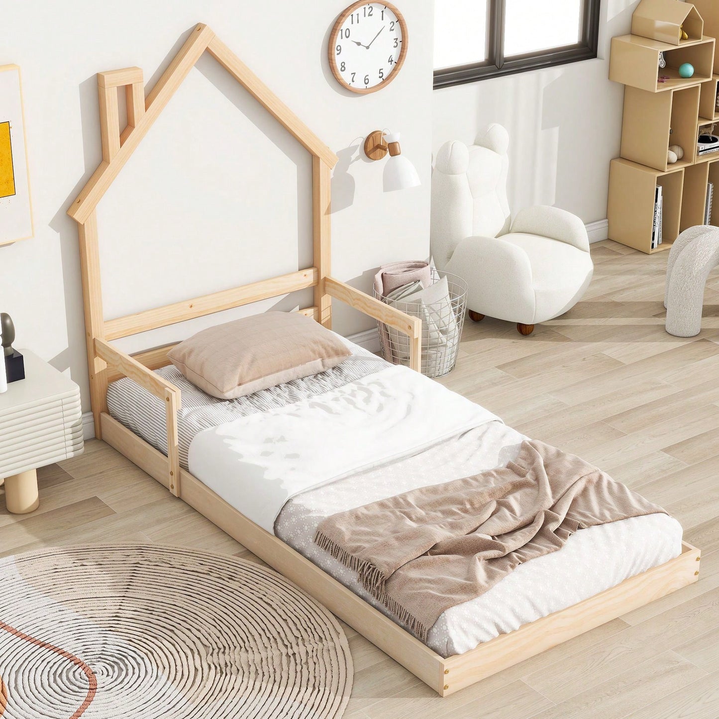 Twin Size House-Shaped Headboard Floor Bed With Handrails ,Slats