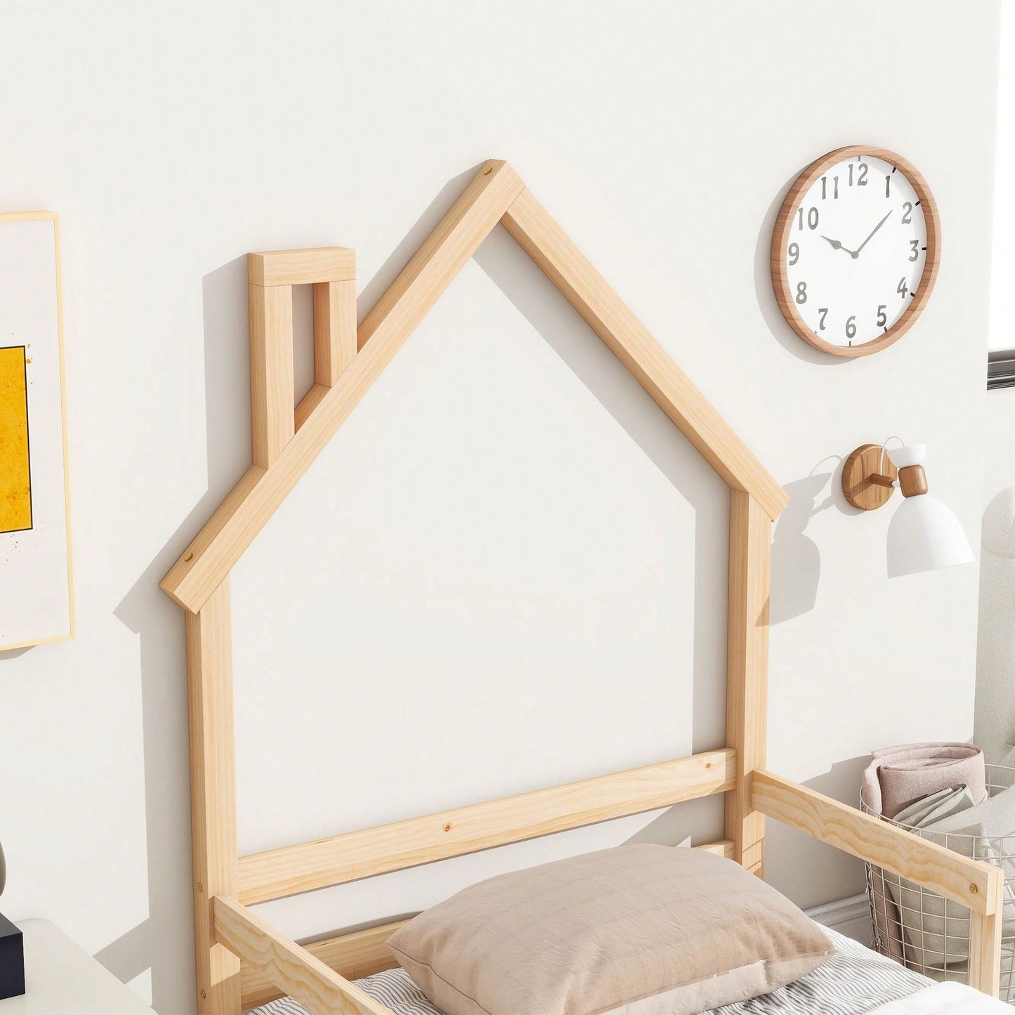 Twin Size House-Shaped Headboard Floor Bed With Handrails ,Slats