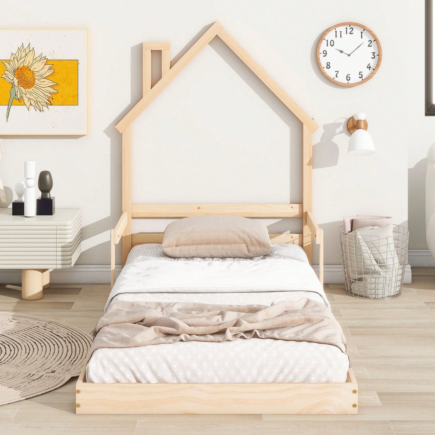 Twin Size House-Shaped Headboard Floor Bed With Handrails ,Slats