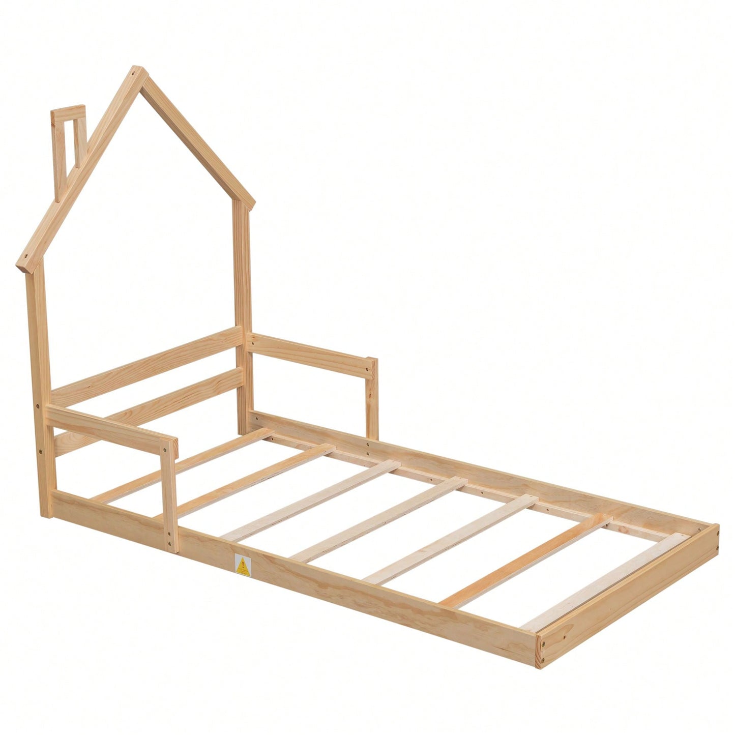 Twin Size House-Shaped Headboard Floor Bed With Handrails ,Slats