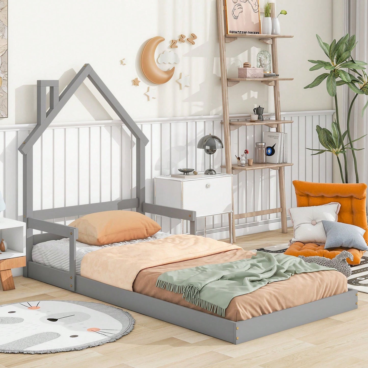 Twin Size House-Shaped Headboard Floor Bed With Handrails ,Slats