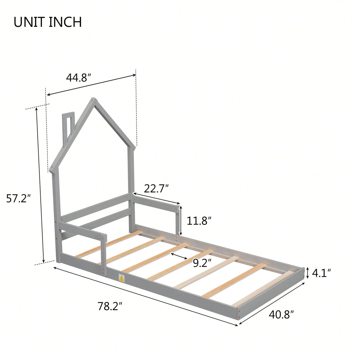 Twin Size House-Shaped Headboard Floor Bed With Handrails ,Slats
