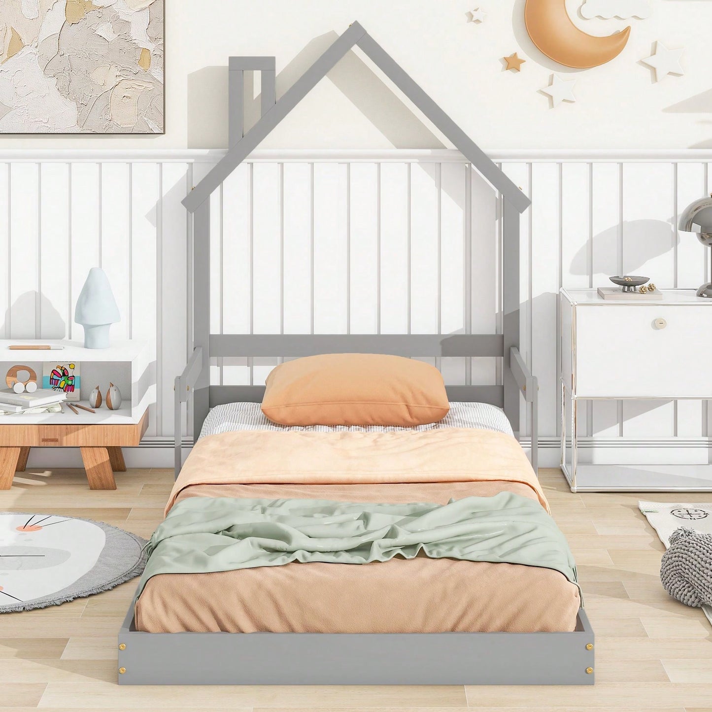 Twin Size House-Shaped Headboard Floor Bed With Handrails ,Slats