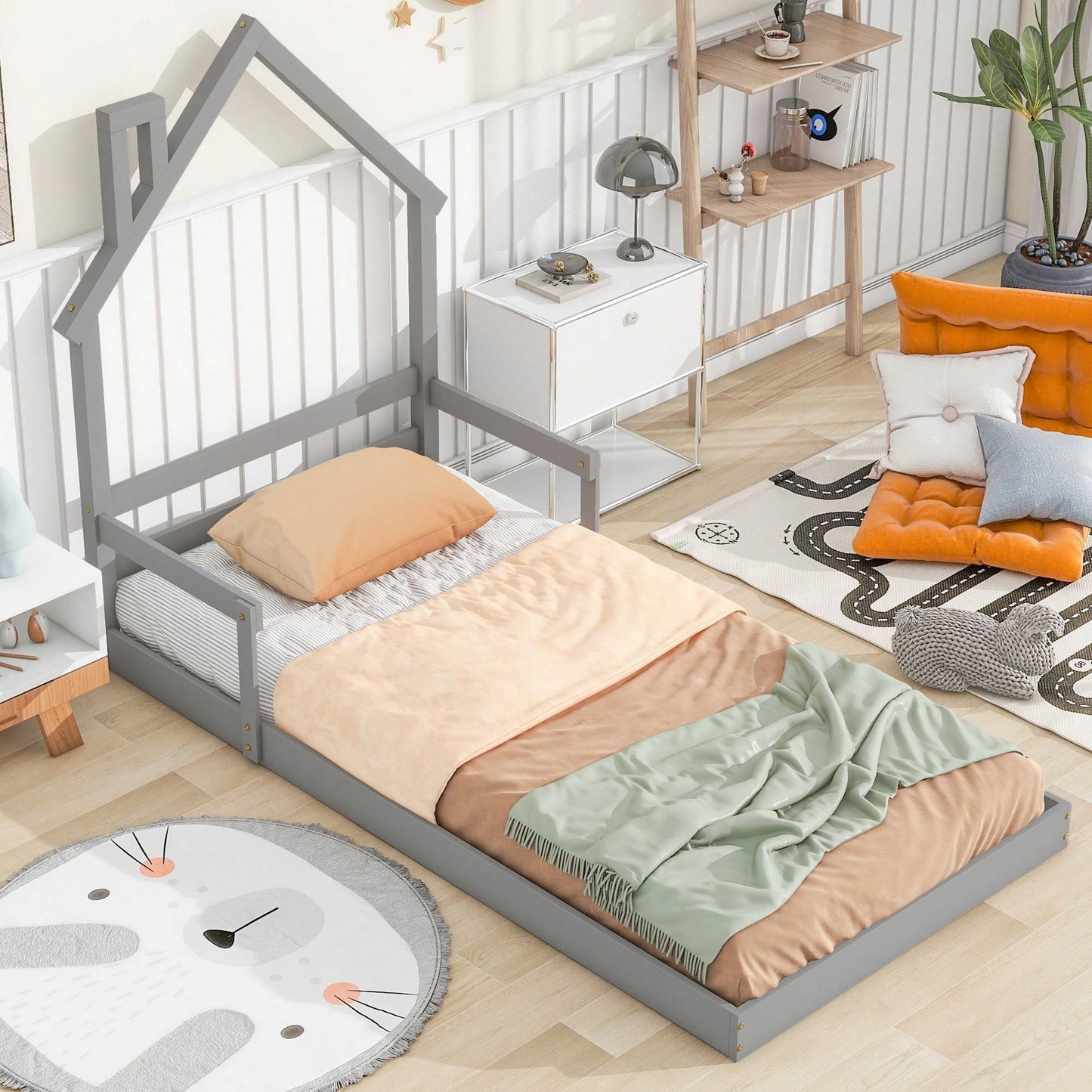 Twin Size House-Shaped Headboard Floor Bed With Handrails ,Slats