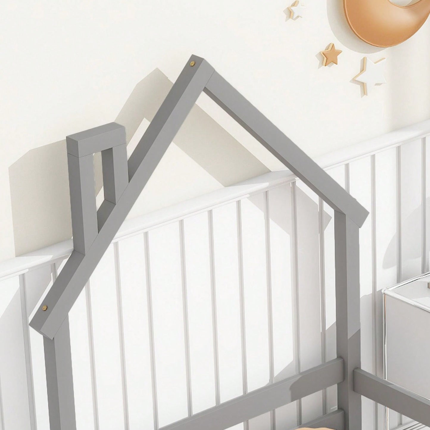 Twin Size House-Shaped Headboard Floor Bed With Handrails ,Slats