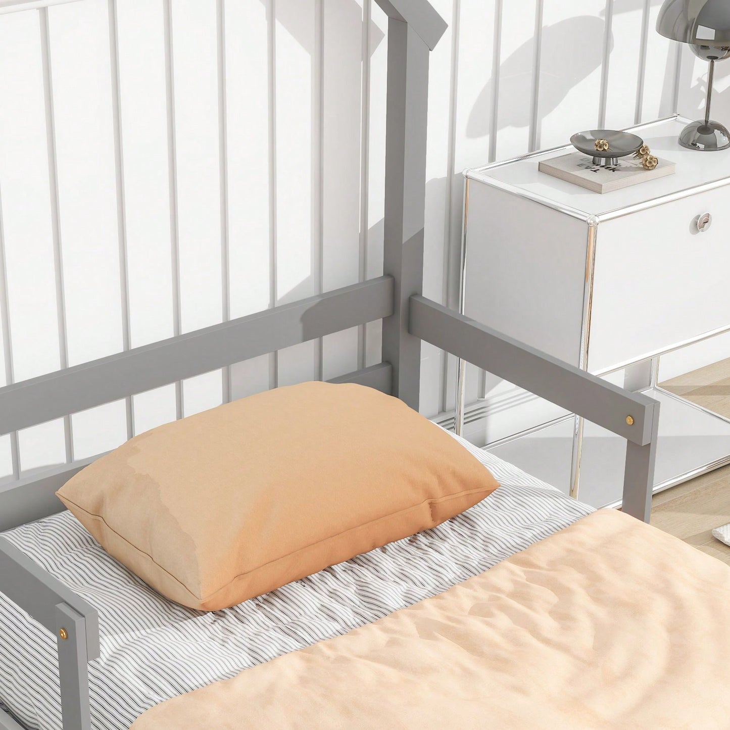 Twin Size House-Shaped Headboard Floor Bed With Handrails ,Slats