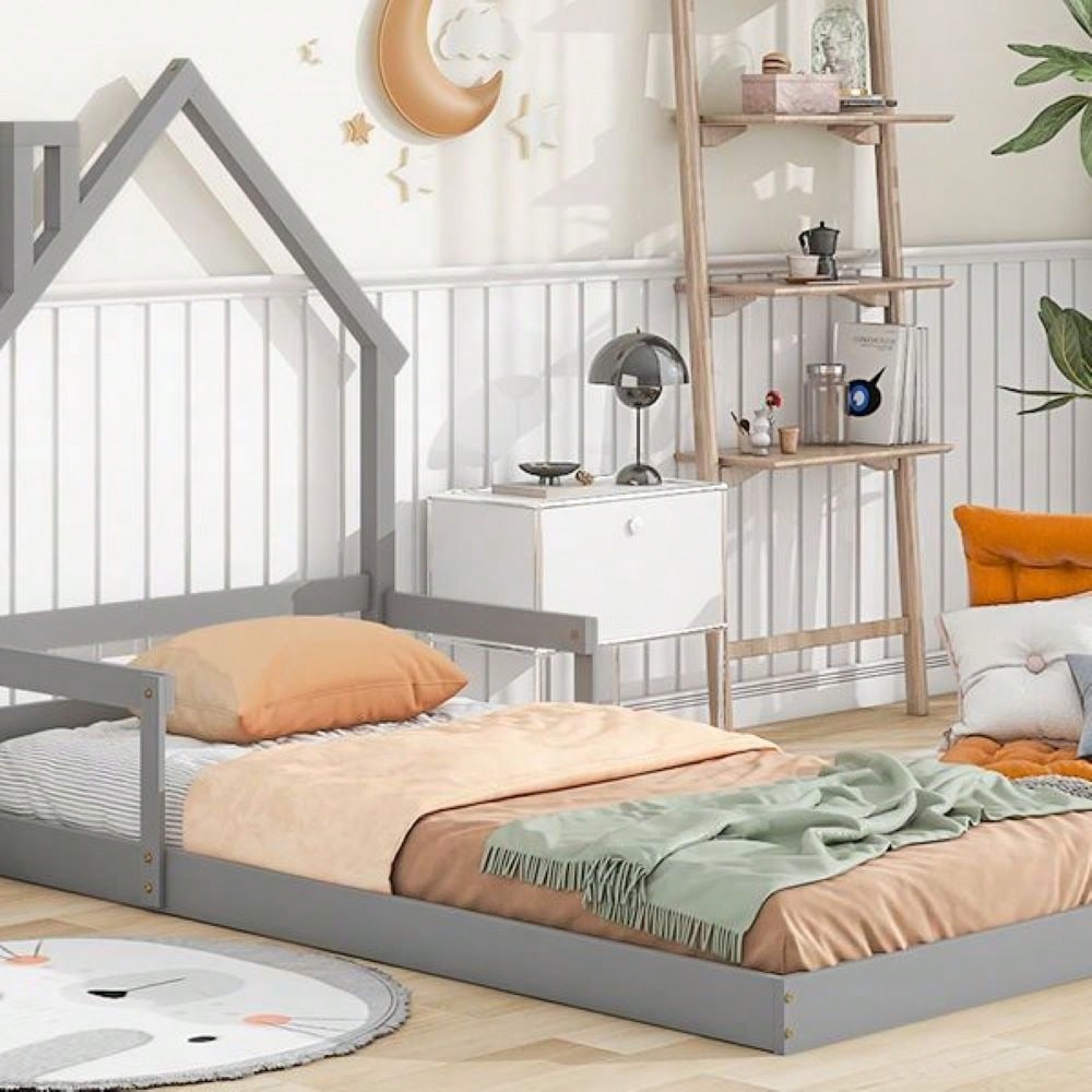 Twin Size House-Shaped Headboard Floor Bed With Handrails ,Slats