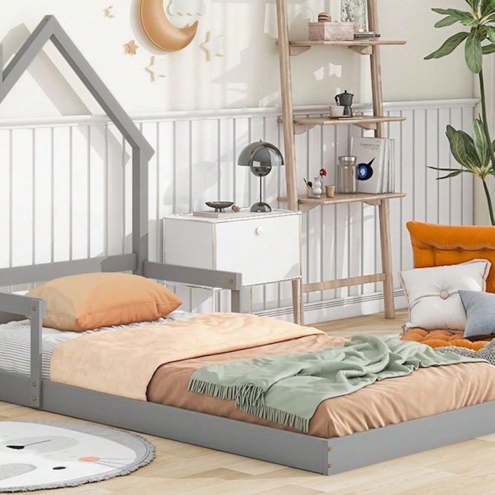 Twin Size House-Shaped Headboard Floor Bed With Handrails ,Slats