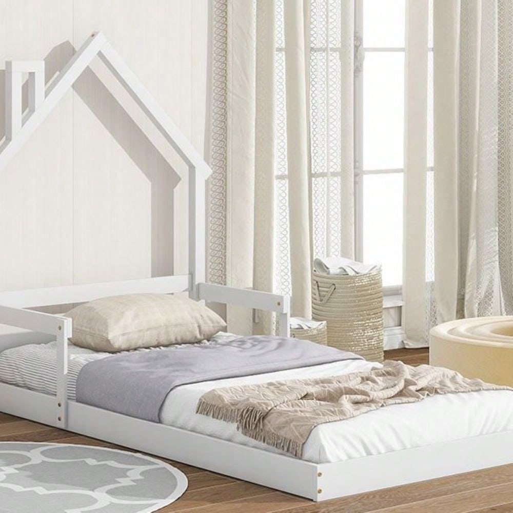 Twin Size House-Shaped Headboard Floor Bed With Handrails ,Slats