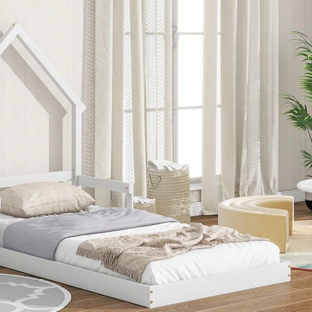Twin Size House-Shaped Headboard Floor Bed With Handrails ,Slats