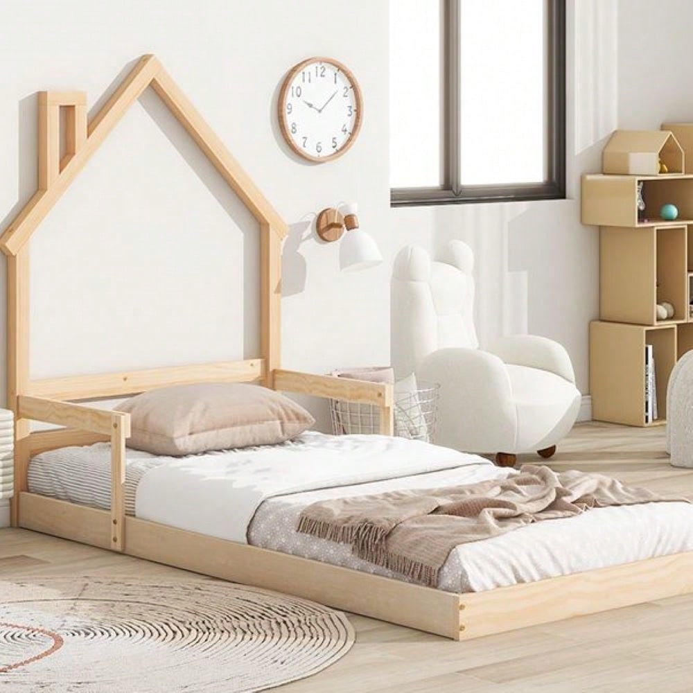 Twin Size House-Shaped Headboard Floor Bed With Handrails ,Slats