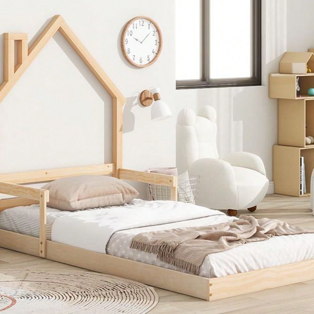 Twin Size House-Shaped Headboard Floor Bed With Handrails ,Slats