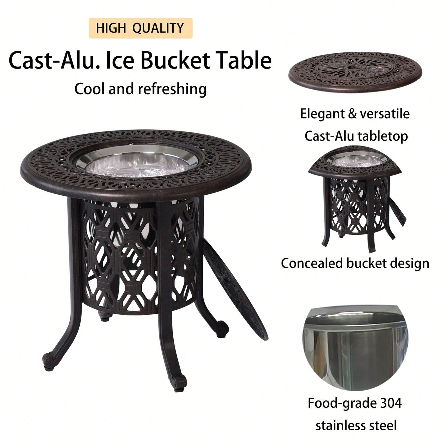 Hand Brushed Patina/Bronze Cast Aluminum,  304 Stainless Steel Ice Bucket/Pail Table Set, 21"Round Ice Bucket