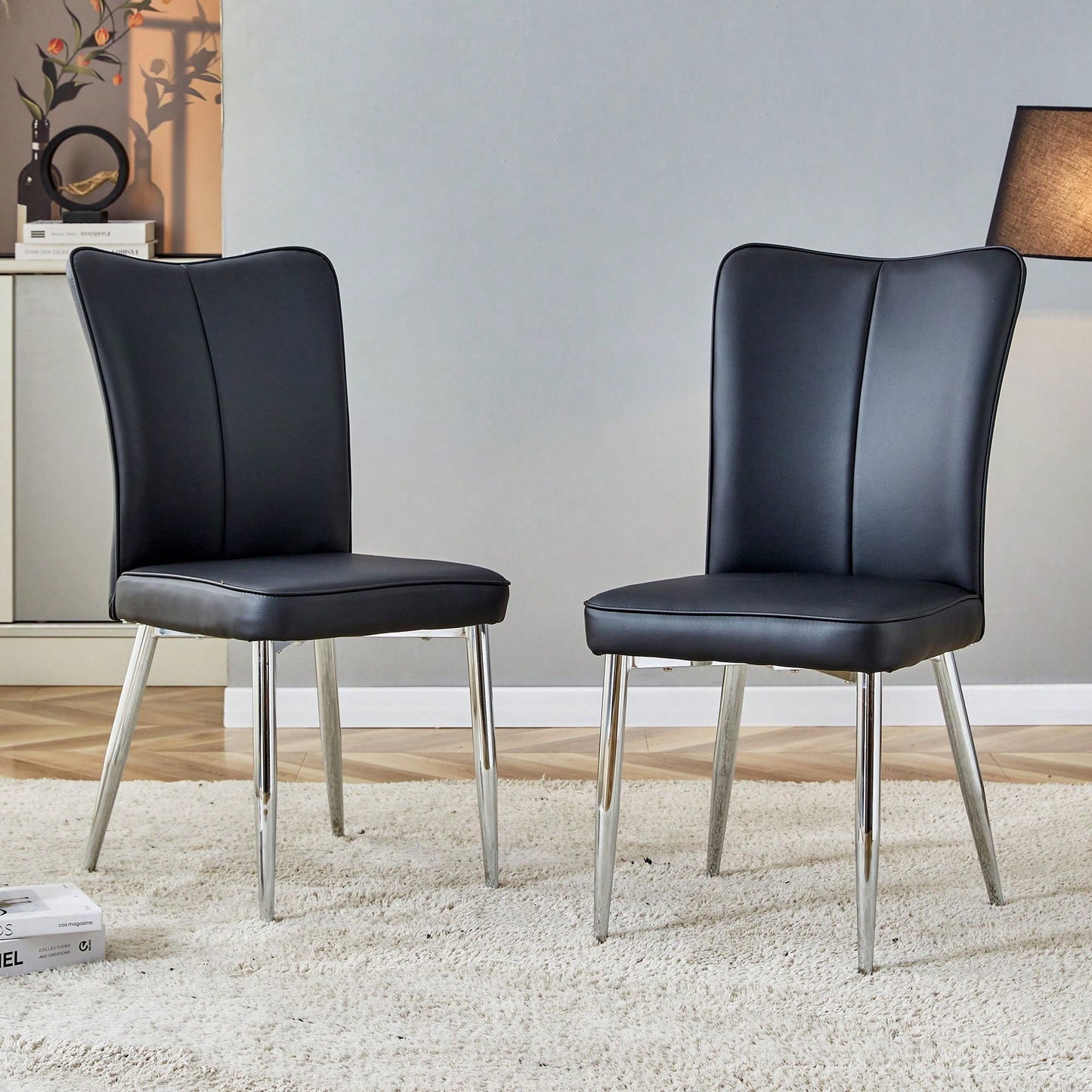 Modern Minimalist Dining Chairs Set of 2 Black PU Leather Curved Backrest with Metal Legs for Restaurants Bedrooms Living Rooms