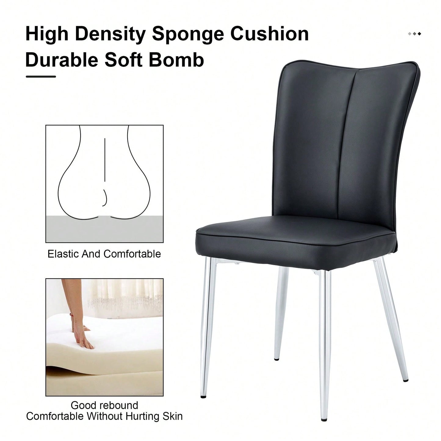 Modern Minimalist Dining Chairs Set of 2 Black PU Leather Curved Backrest with Metal Legs for Restaurants Bedrooms Living Rooms