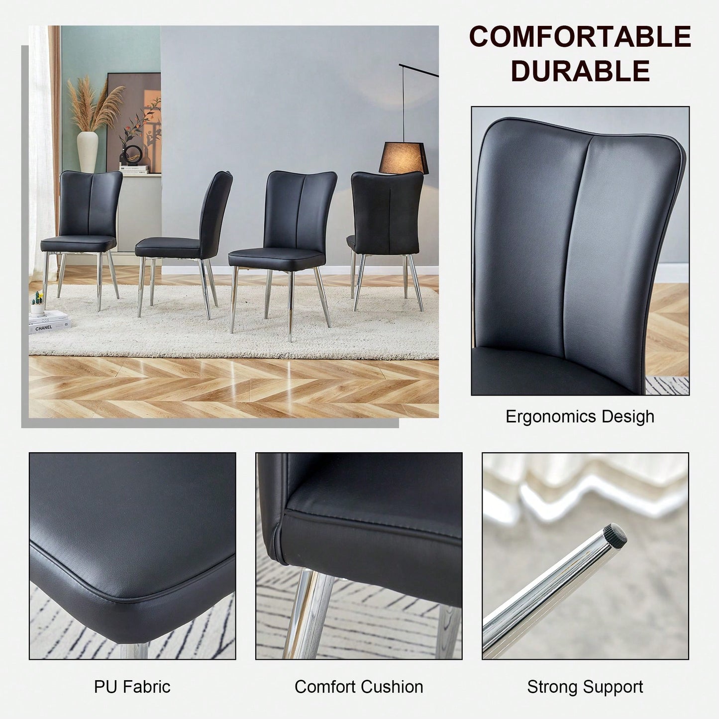 Modern Minimalist Dining Chairs Set of 2 Black PU Leather Curved Backrest with Metal Legs for Restaurants Bedrooms Living Rooms