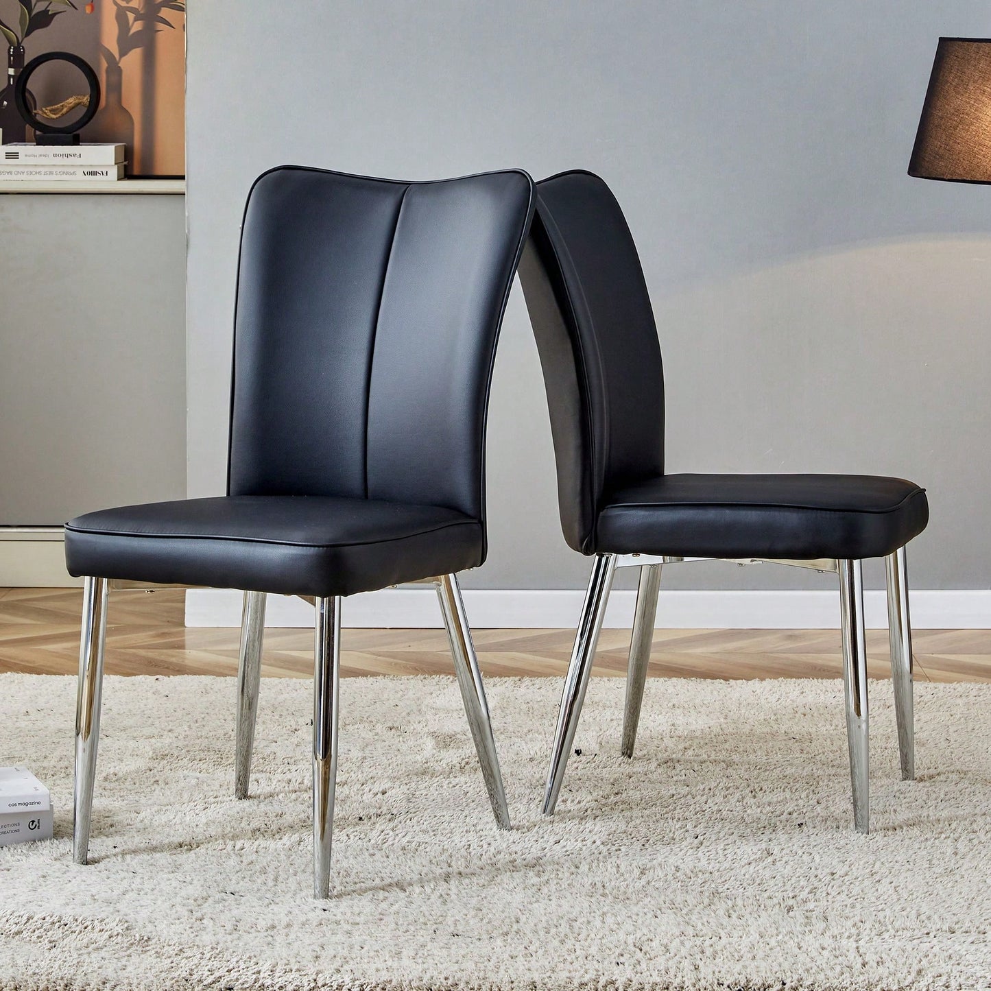 Modern Minimalist Dining Chairs Set of 2 Black PU Leather Curved Backrest with Metal Legs for Restaurants Bedrooms Living Rooms