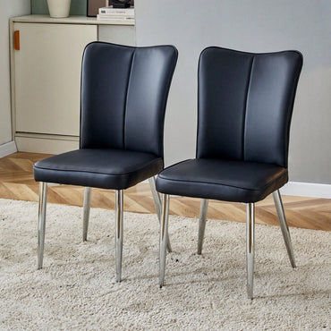 Modern Minimalist Dining Chairs Set of 2 Black PU Leather Curved Backrest with Metal Legs for Restaurants Bedrooms Living Rooms