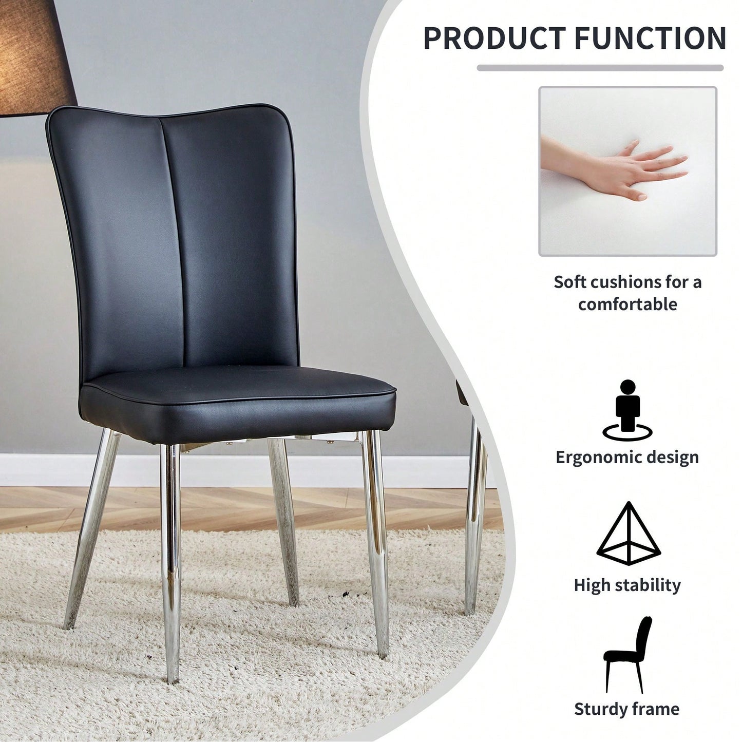 Modern Minimalist Dining Chairs Set of 2 Black PU Leather Curved Backrest with Metal Legs for Restaurants Bedrooms Living Rooms