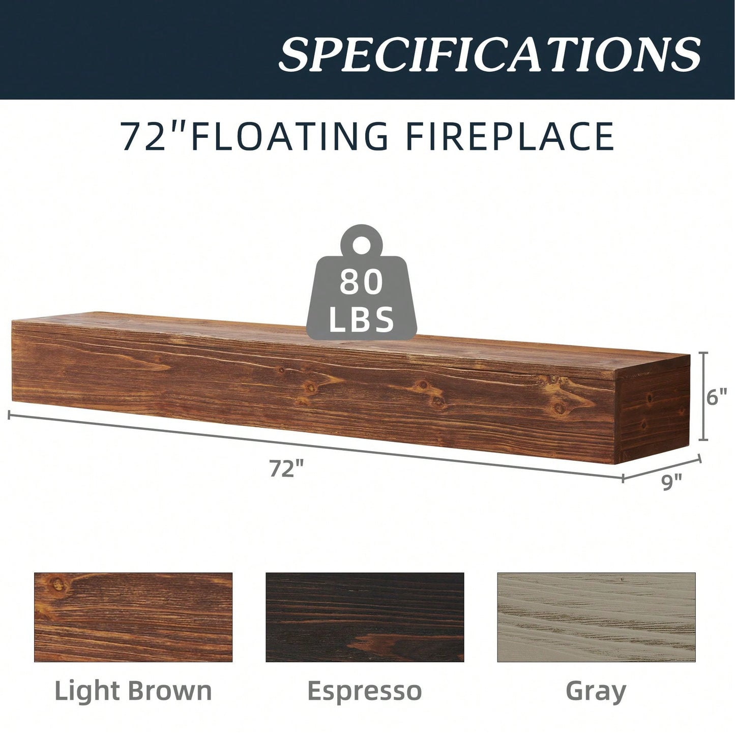 72" Rustic Wood Fireplace Mantel, Wall-Mounted & Floating Shelf For Home Decor