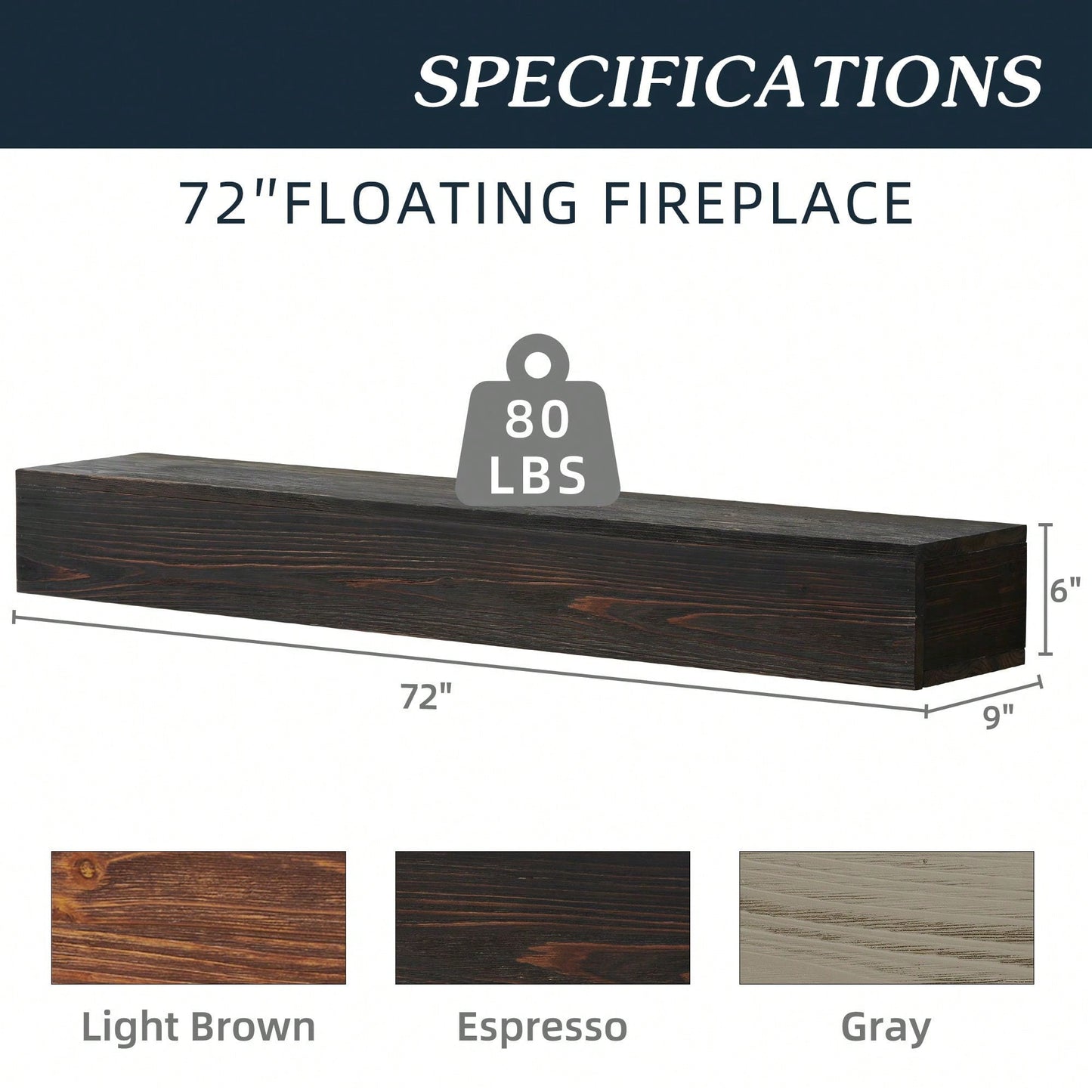 72" Rustic Wood Fireplace Mantel, Wall-Mounted & Floating Shelf For Home Decor