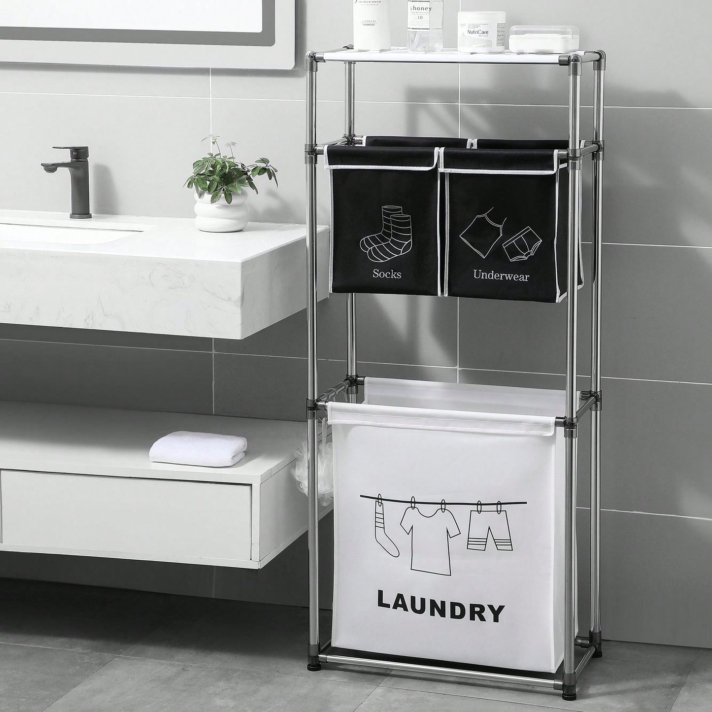 3 Tier Laundry Sorter, Laundry Hamper With 4 Removable Bags For Organizing Clothes, Laundry, Lights, Darks