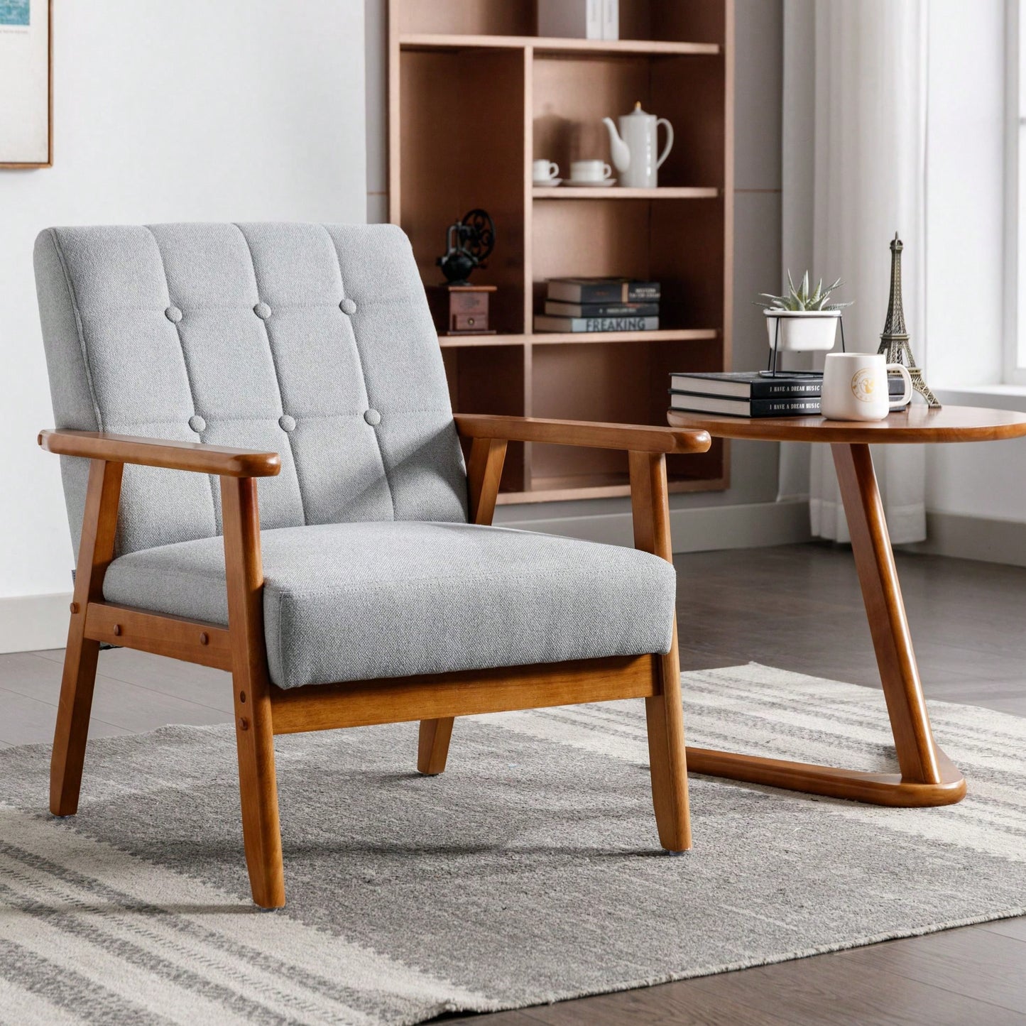 Leisure Chair With Solid Wood Armrest And Feet, Mid-Century Modern Accent Chair, For Living Room Bedroom Studio Chair