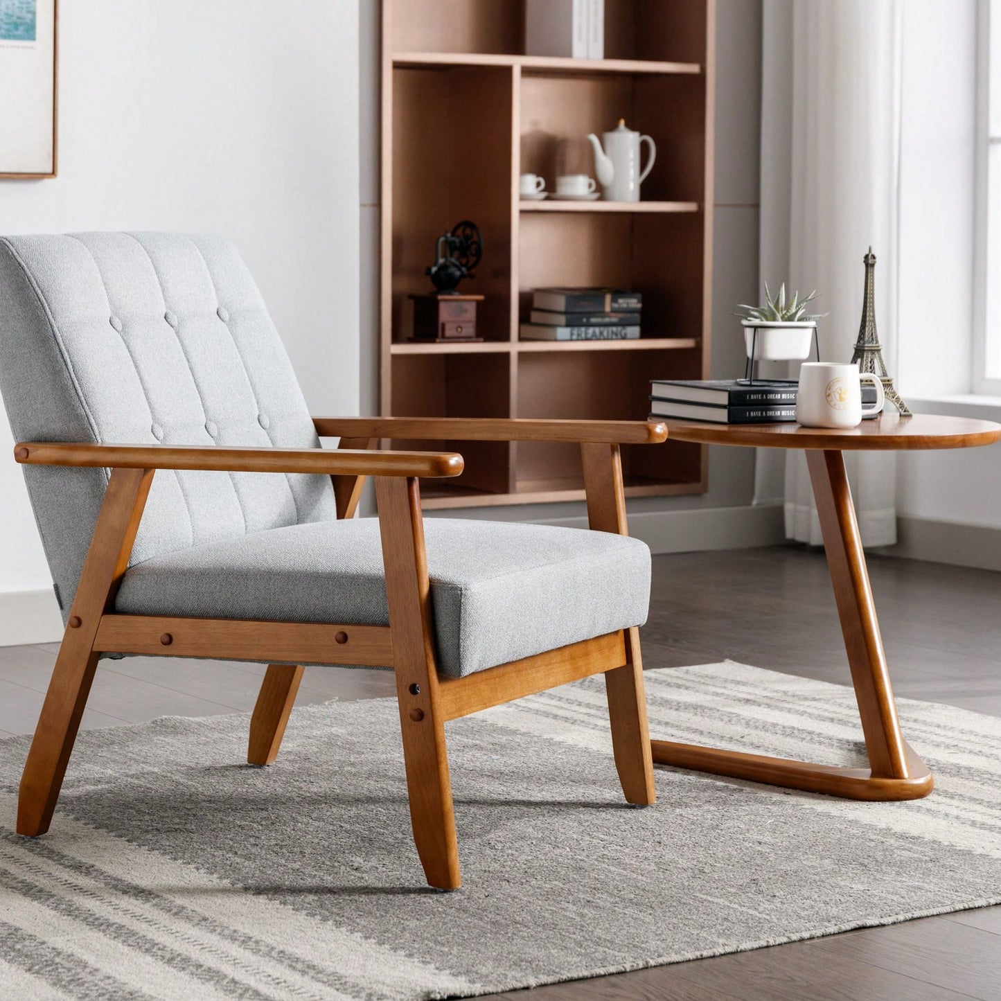 Leisure Chair With Solid Wood Armrest And Feet, Mid-Century Modern Accent Chair, For Living Room Bedroom Studio Chair