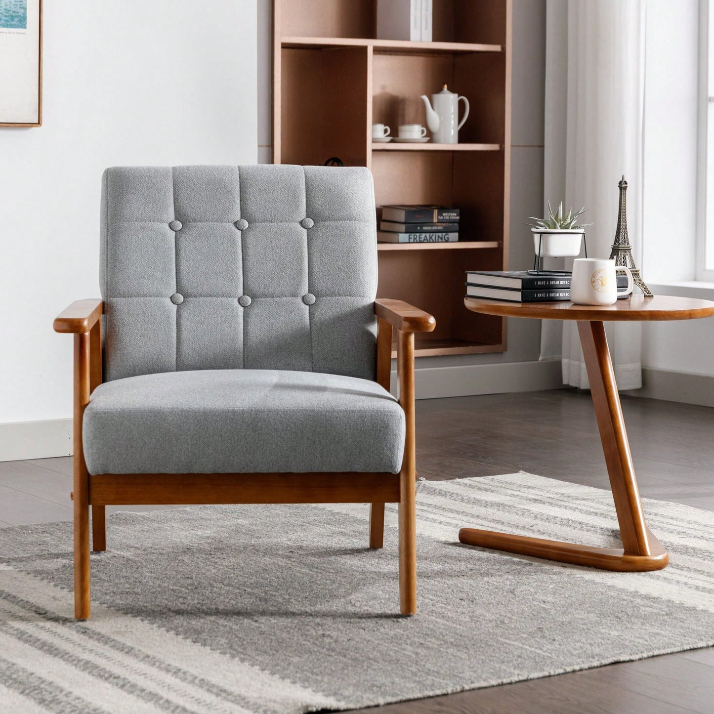 Leisure Chair With Solid Wood Armrest And Feet, Mid-Century Modern Accent Chair, For Living Room Bedroom Studio Chair