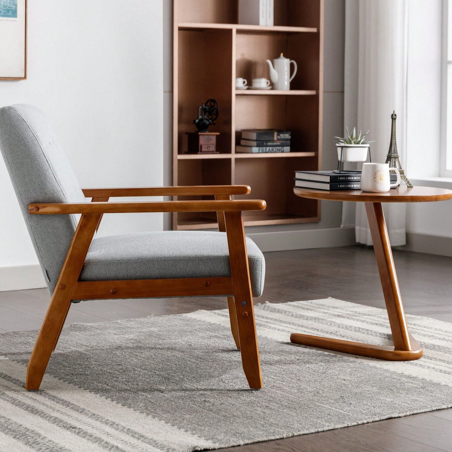 Leisure Chair With Solid Wood Armrest And Feet, Mid-Century Modern Accent Chair, For Living Room Bedroom Studio Chair
