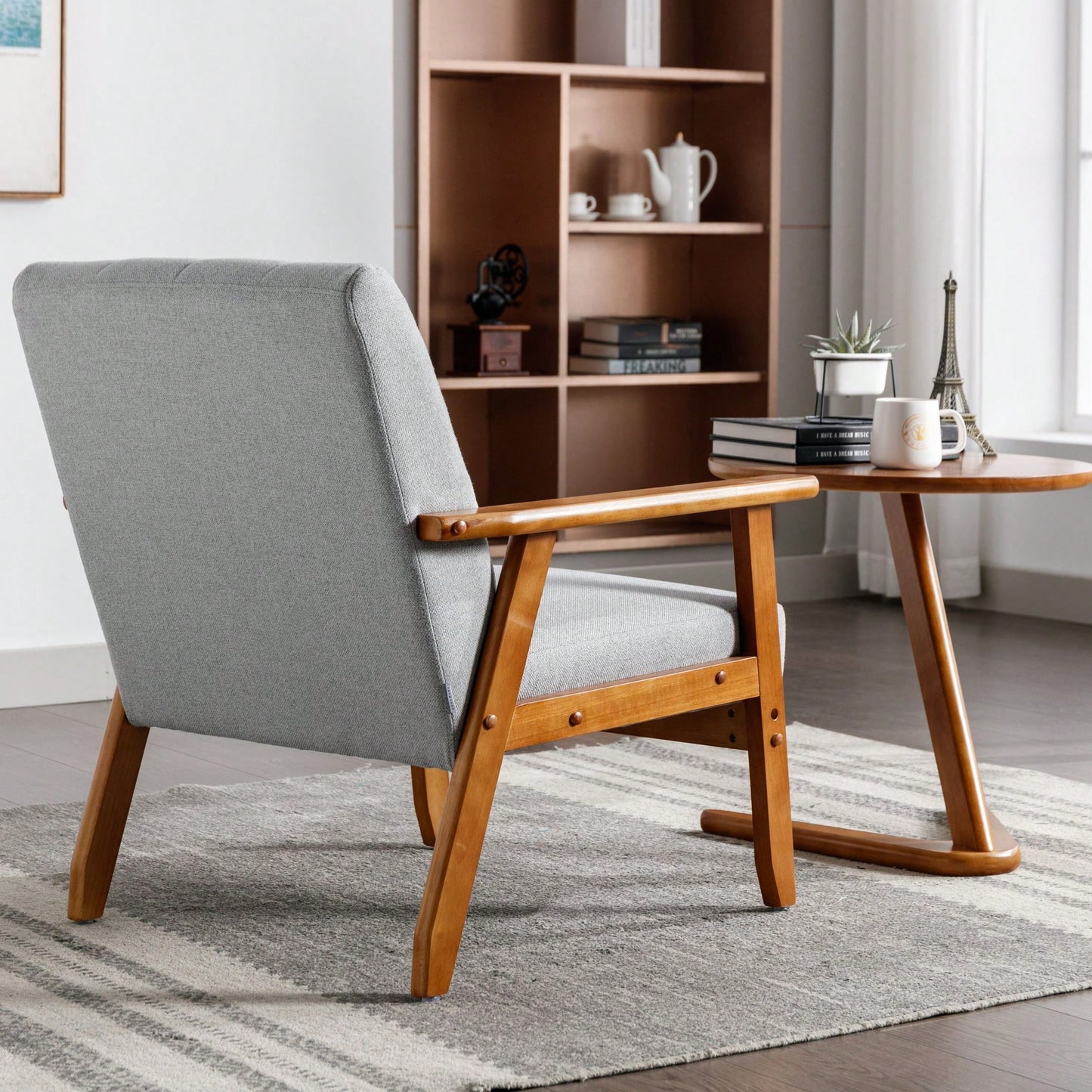 Leisure Chair With Solid Wood Armrest And Feet, Mid-Century Modern Accent Chair, For Living Room Bedroom Studio Chair