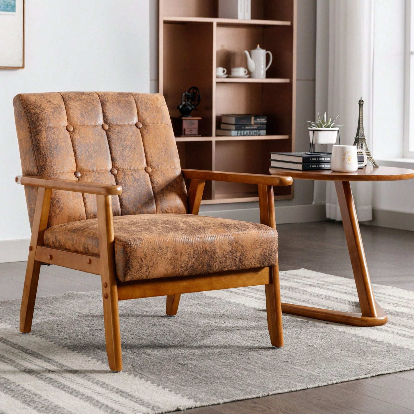 Leisure Chair With Solid Wood Armrest And Feet, Mid-Century Modern Accent Chair, For Living Room Bedroom Studio Chair