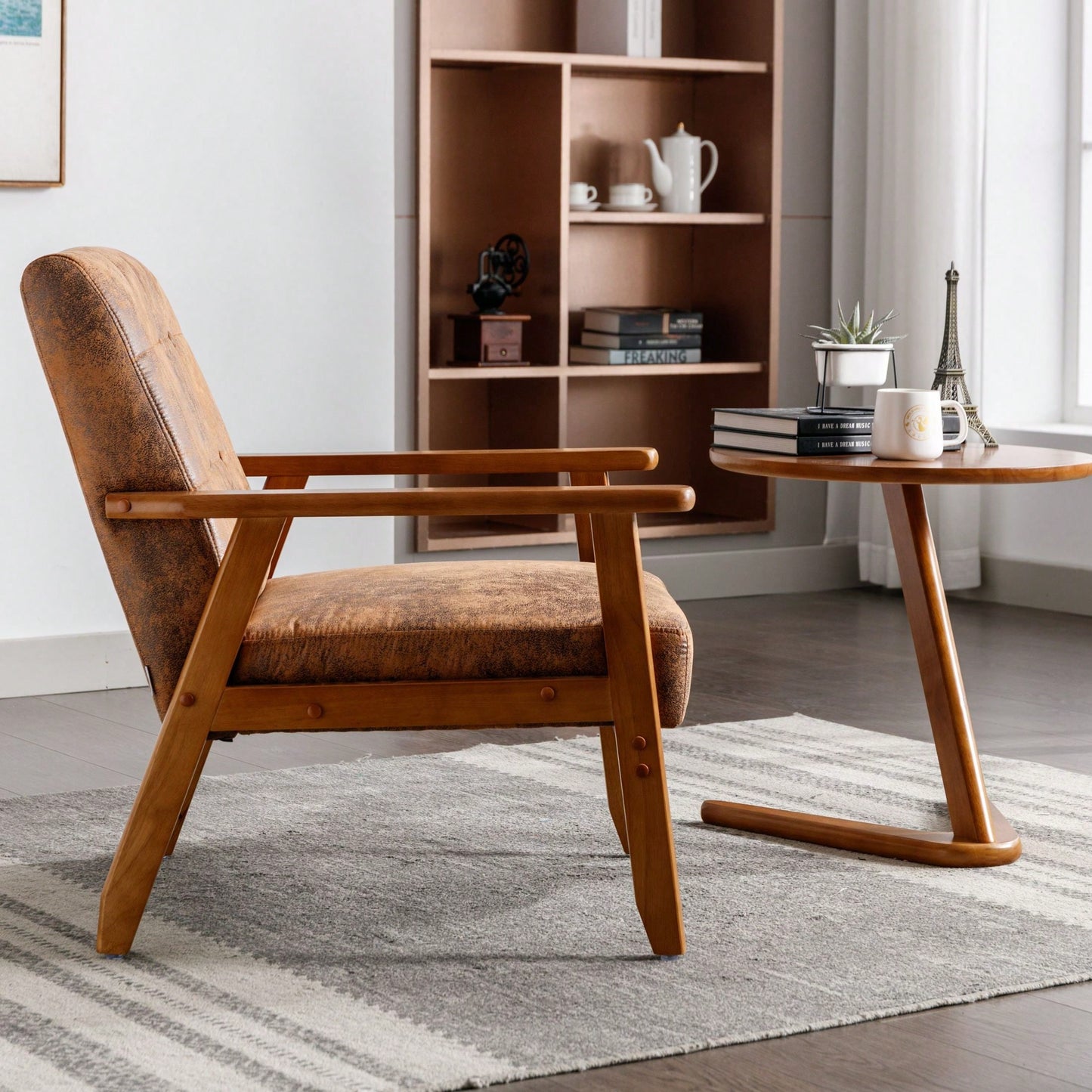 Leisure Chair With Solid Wood Armrest And Feet, Mid-Century Modern Accent Chair, For Living Room Bedroom Studio Chair